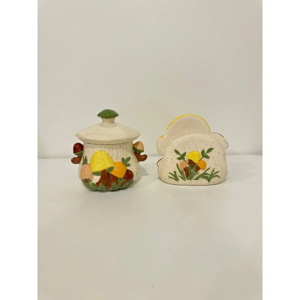 Vintage Ceramic Mushroom Sugar Bowl and Napkin Holder Set Retro Kitchen Decor